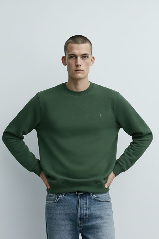 سويت شيرت رجالي ذو ياقة دائرية أساسي باللون الكاكي - 5