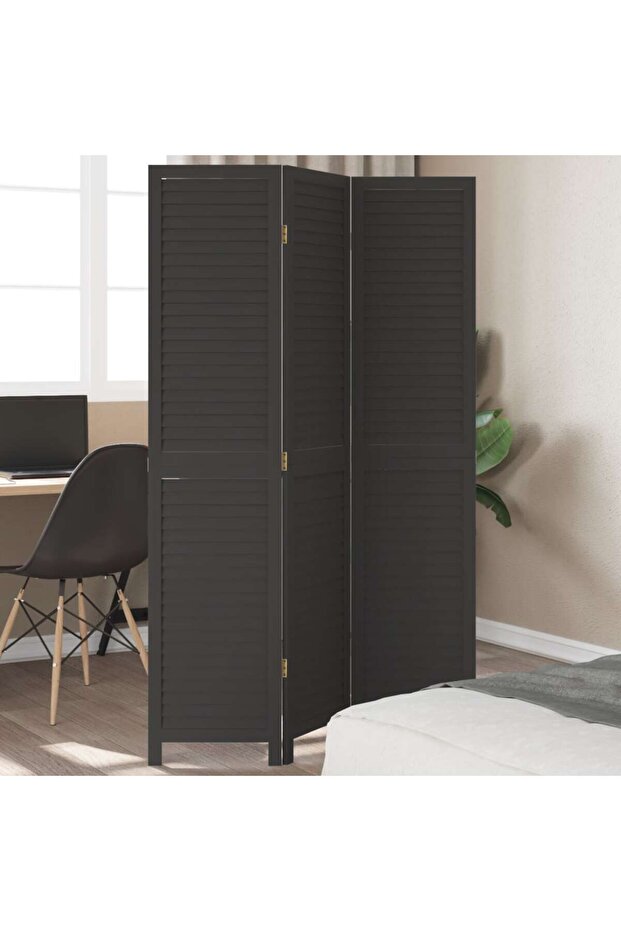 Room Divider 3 Panels Black Solid Wood Paulownia