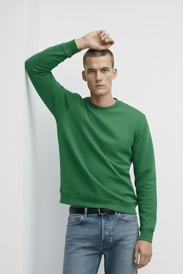 Men's Crew Neck Basic Green Sweatshirt - 4