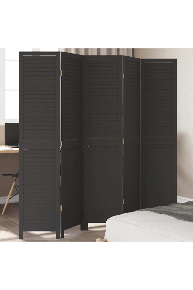 Room Divider 5 Panels Black Solid Wood Paulownia