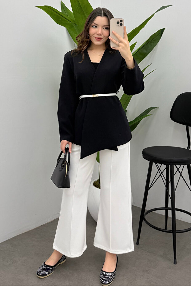 Women's White Ribbed Detailed Pocket Scuba Pants