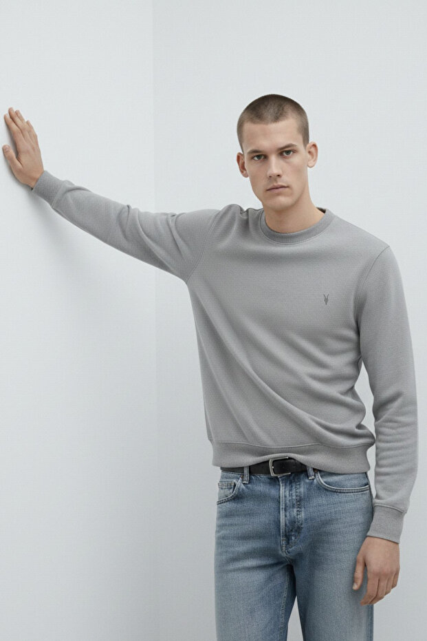 Men's Crew Neck Basic Gray Sweatshirt - 4