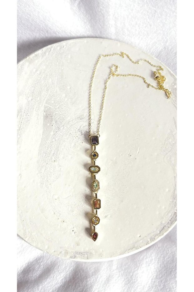 Women's Steel Geometric Colorful Stone Y Necklace Gold Non-Tarnish Seven Elements Symbol Non-Tarnish Women's Necklace