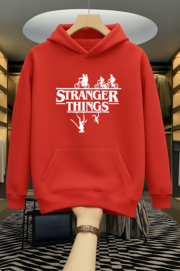 سترة Stranger Thing - أسود مطبوع قصة فضفاضة مبطن بالصوف بغطاء رأس