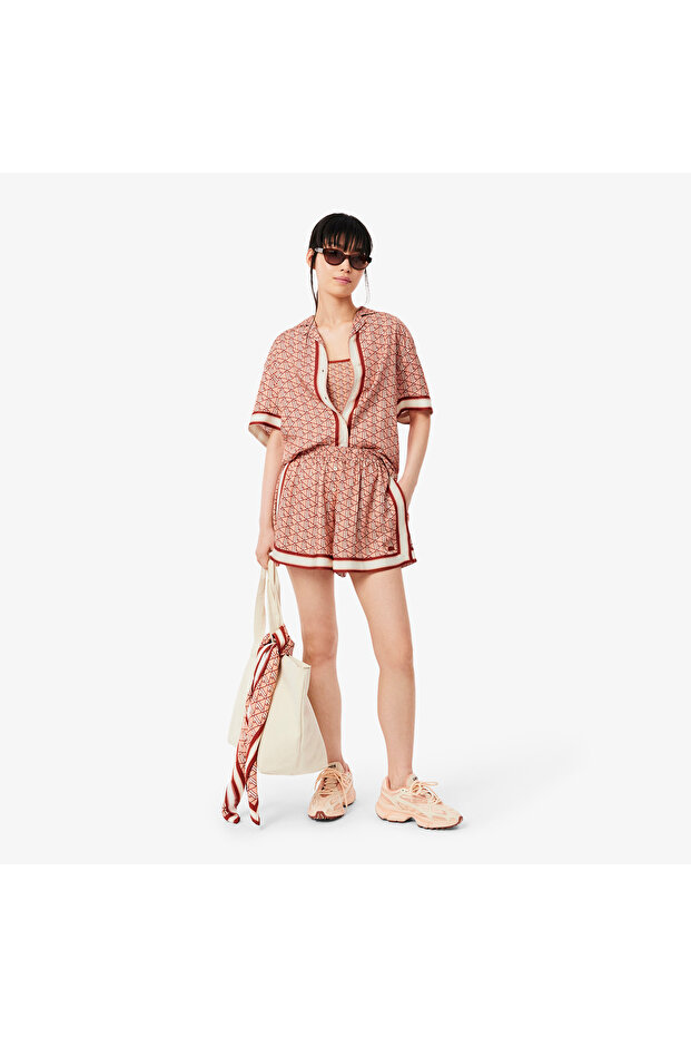 Kadın Oversize Fit Kısa Kollu Monogram Bej Gömlek - 8