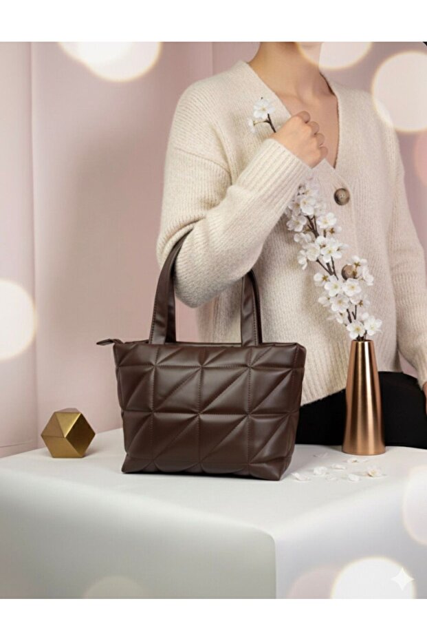 Puffy Geometric Baguette Brown Women's Shoulder and Hand Bag