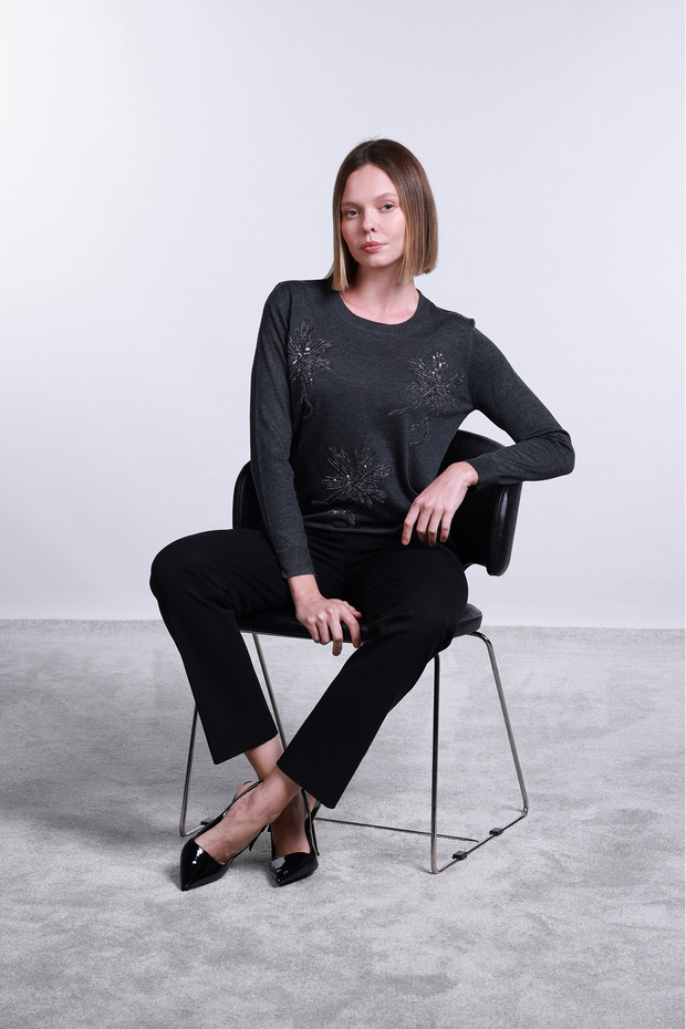 Women's Crew Neck Sequin Embroidered Wool Sweater 2765 Dark Gray