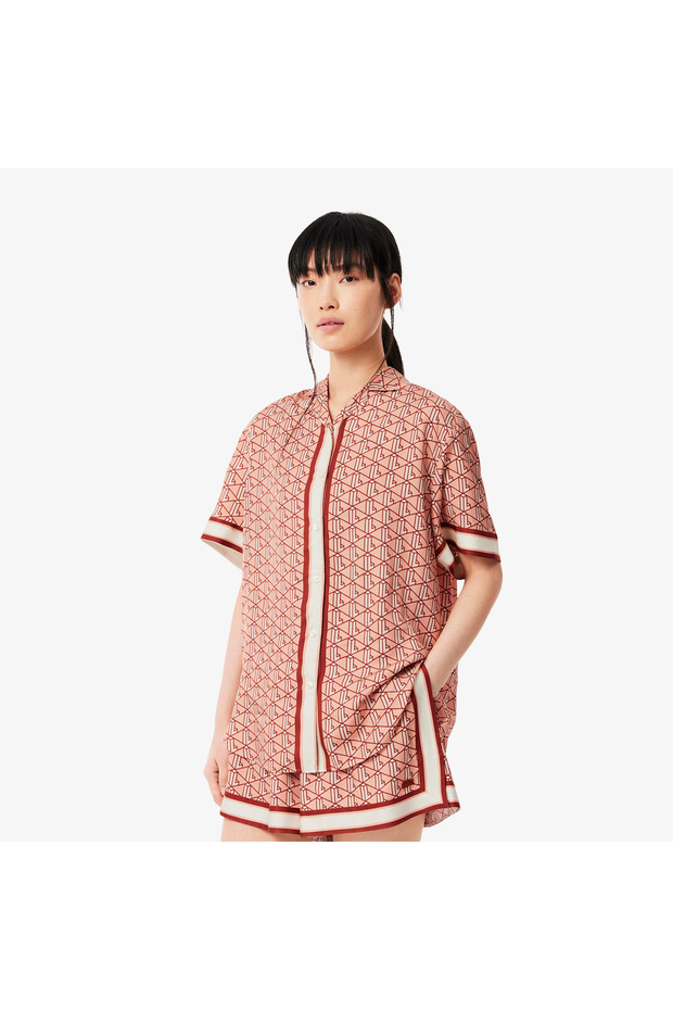 Kadın Oversize Fit Kısa Kollu Monogram Bej Gömlek - 1