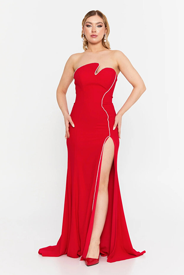 Women's Strapless Deep Slit Mermaid Formal Evening Dress 8266 Red