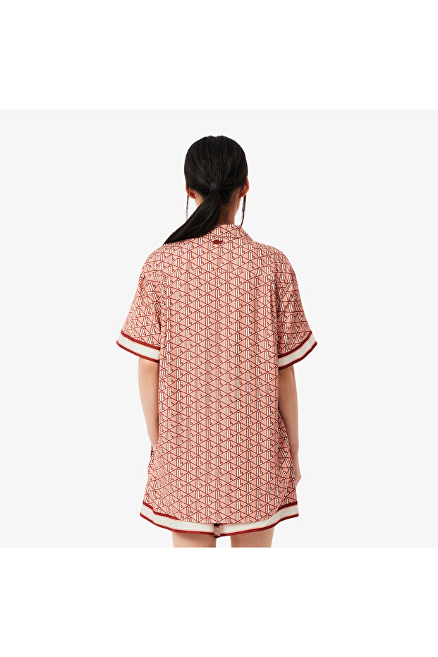 Kadın Oversize Fit Kısa Kollu Monogram Bej Gömlek - 3