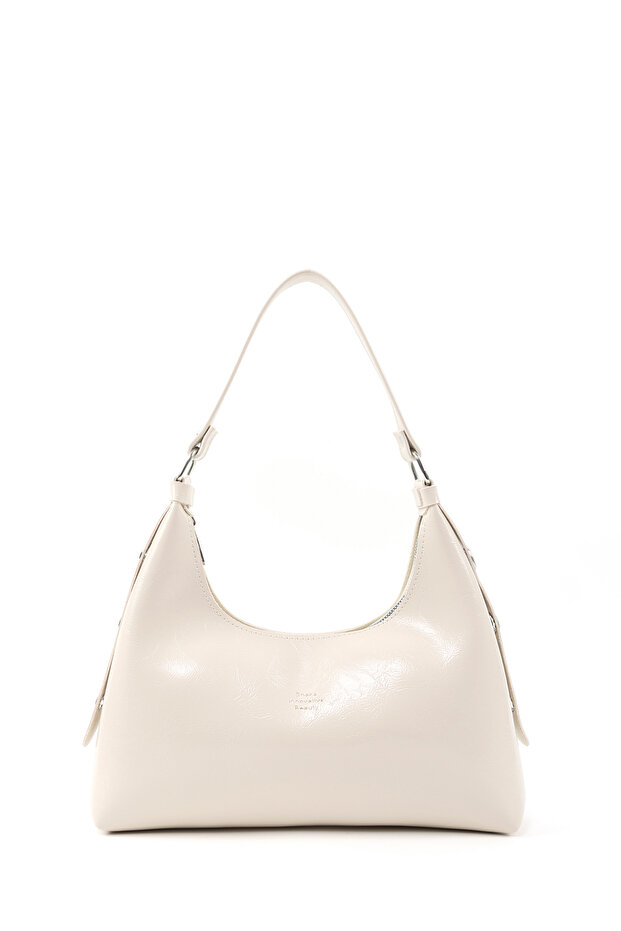 Crinkle Textured Cream Shk82 Baguette Model Single Compartment Women's Faux Leather Hand and Shoulder Bag