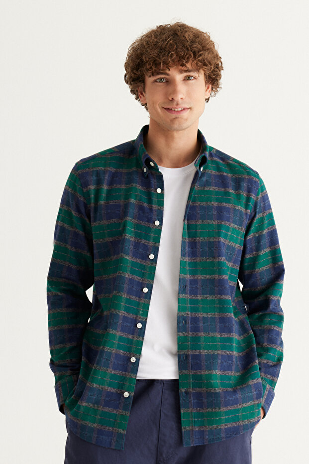 Green-Navy Blue Slim Fit Slim Fit Buttoned Collar 100% Cotton Lumberjack Shirt