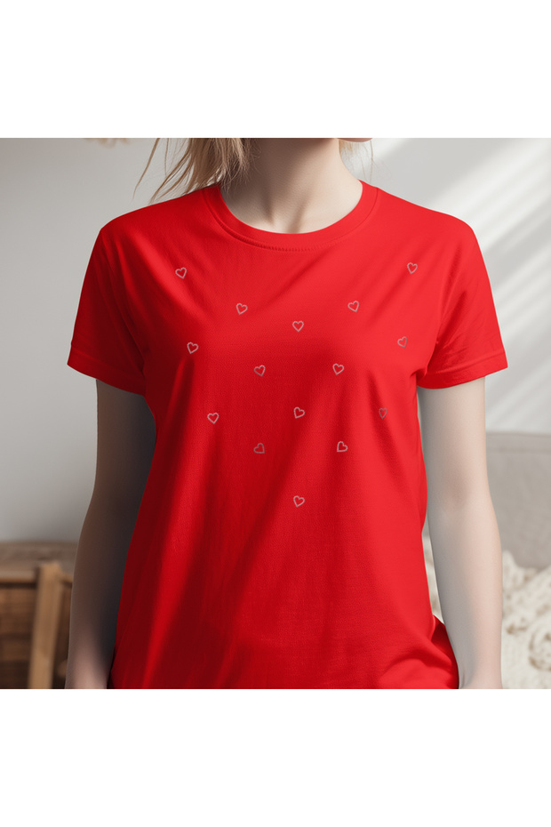 Heart Crystal Stone Printed Crew Neck T-Shirt White - Red