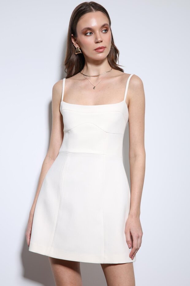 Ekru Askılı Elbise - 1