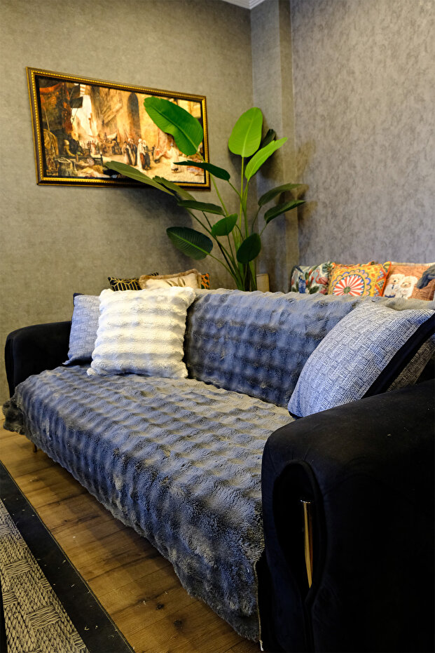 Plush Sofa Cover Shawl Fluffy Bubble Anthracite Multi-Purpose Diamond Pattern 170X210 cm