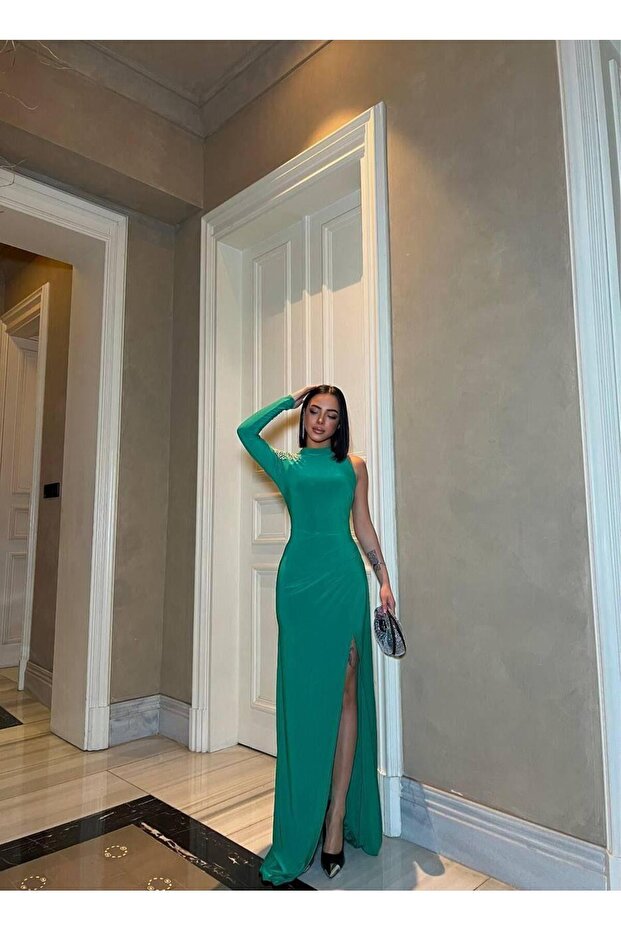 Pearl Detailed One Sleeve Evening Dress 583131 Emerald