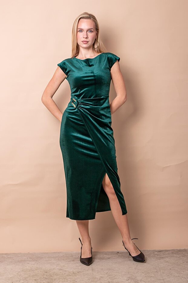 Women's Stretch Fabric Velvet Boat Neck Off Shoulder Front Accessory Slit Double-Breasted Evening Dress/Evening Gown-Smaragd