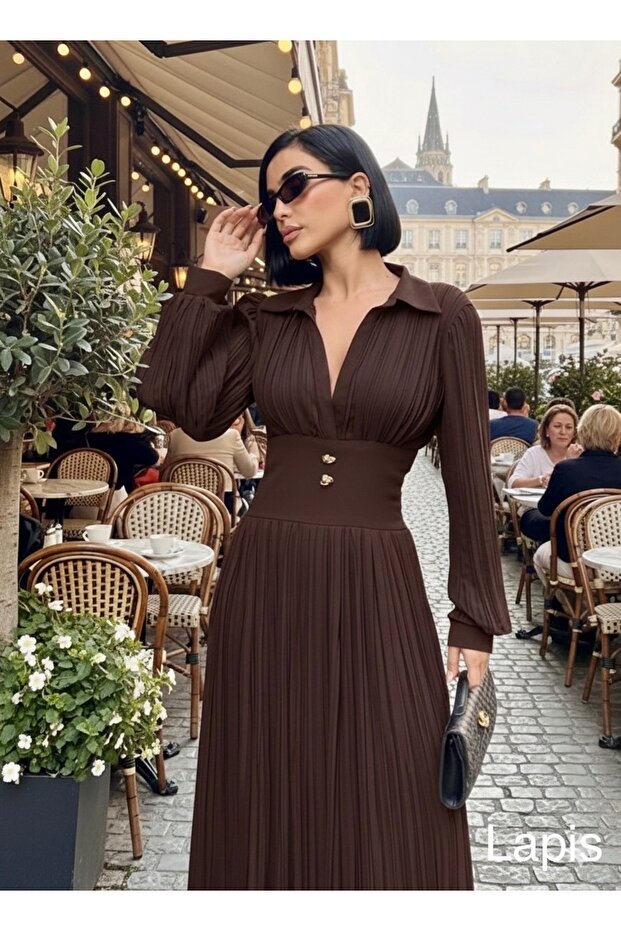 Yakalı piliseli elbise - 1