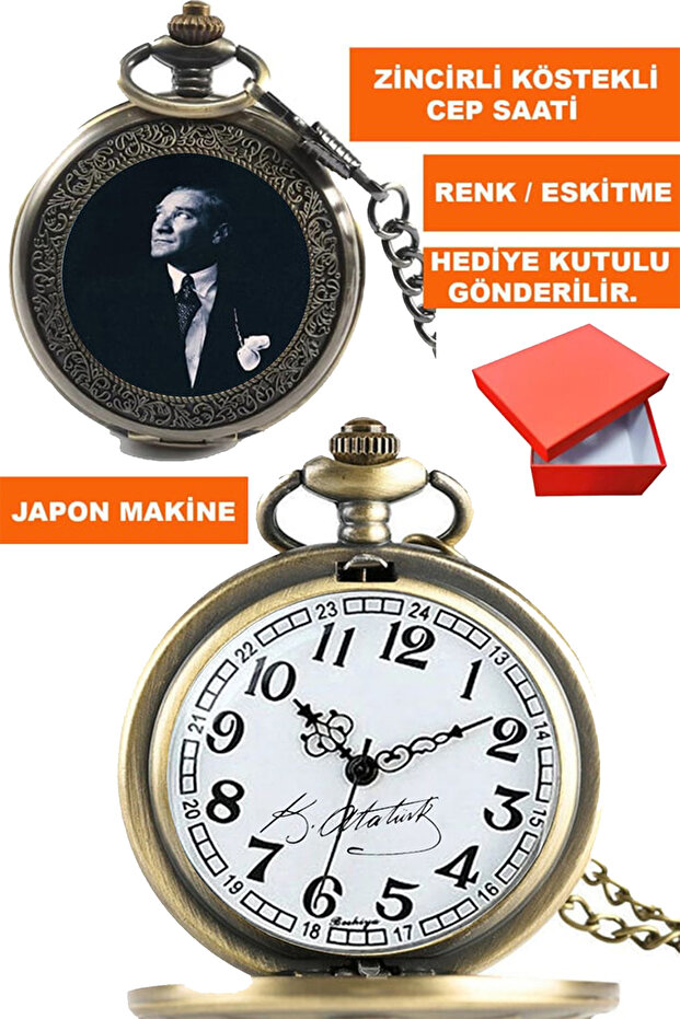 Kemal Ataturk Visual and Signed Silver Color Chain Fob Pocket Watch Acs-B9