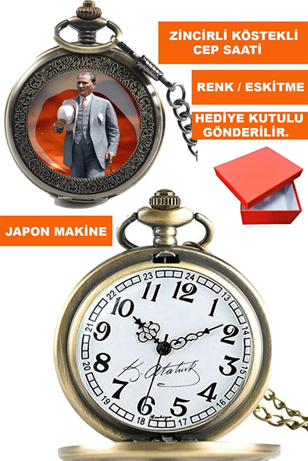 Kemal Ataturk Visual and Signed Silver Color Chain Fob Pocket Watch Acs-B1