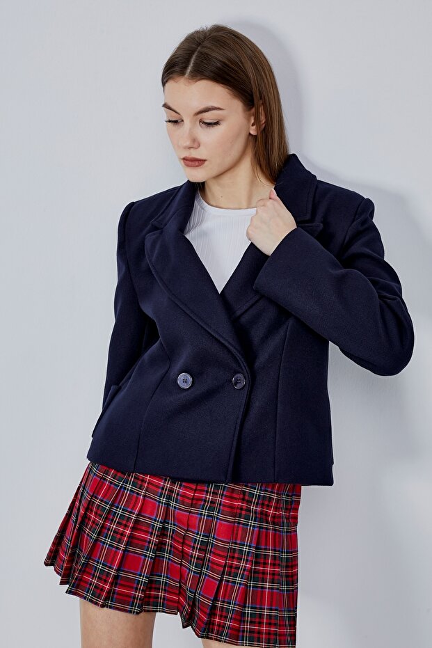Navy Blue Regular Fit Premium Short Cashmere Jacket