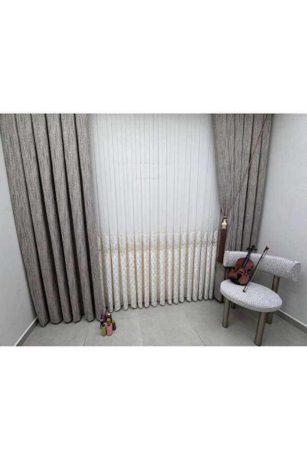 Nova Gold Detailled 1/3 Pleated Tulle Curtain Apm