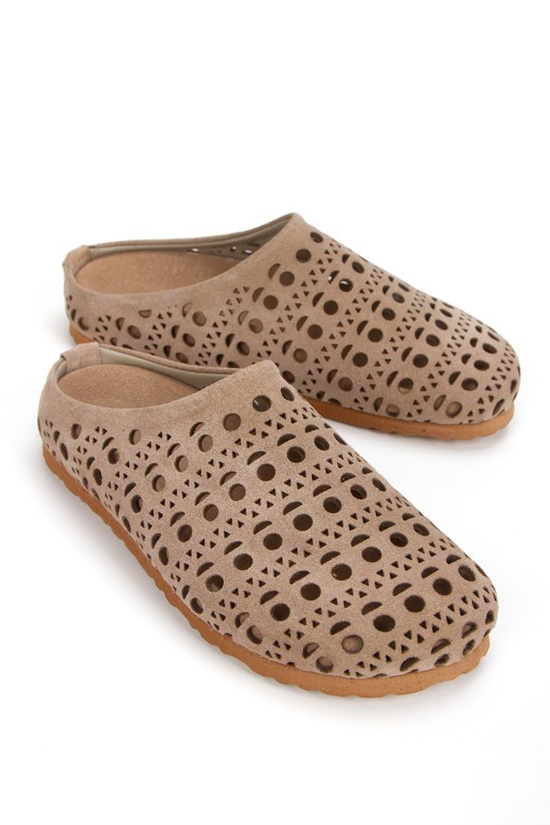 Women's Genuine Leather Hole Detailed Daily Slippers 6334 Mink Suede