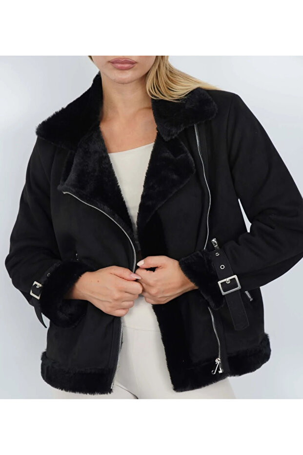 Kürklü Süet Biker Ceket - 3