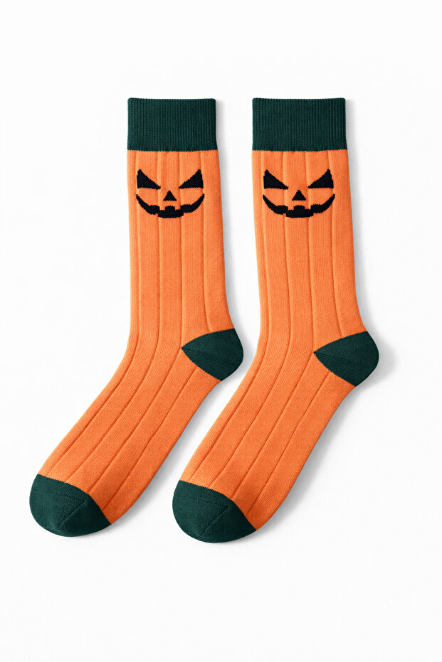 Men's Cotton Casual Socks – Pumpkin (Halloween) Patterned, Orange/Green, High Quality