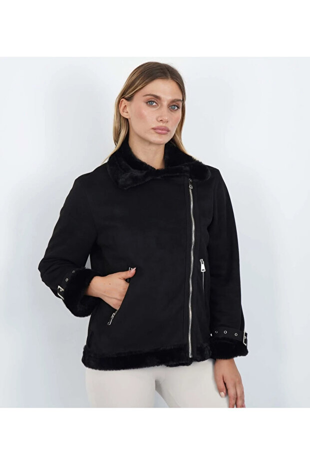 Kürklü Süet Biker Ceket - 2