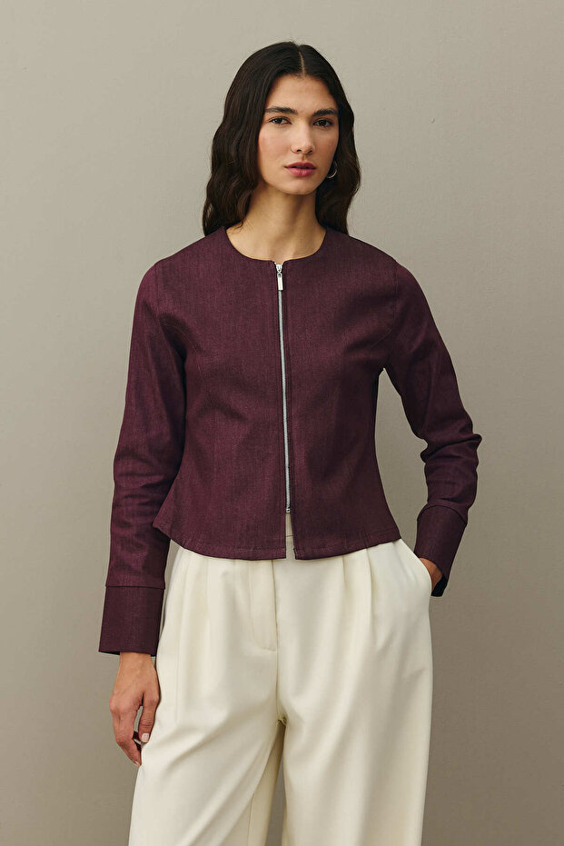 Fermuarlı Denim Üst Bordo - 2