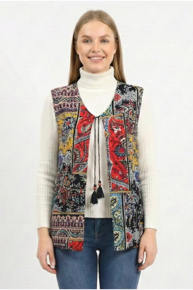 Sleeveless Tuğba Double-Sided Authentic Short Flannel Winter Vest Black Syh