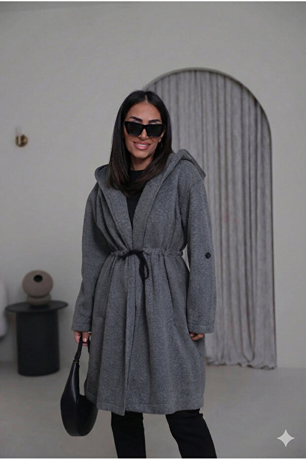 Women's Hooded Herringbone Patterned Lined Waist-Tied Oversized Cashmere Coat D99852