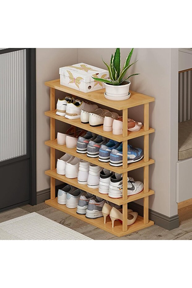 OneDcor 5 Tier Bamboo Shoe Rack - Tall, Space-Saving Horizontal Shoe Organizer