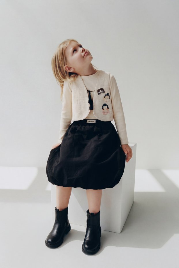 Girl's Cotton Ecru Black Appliqued Vest Skirt Set - 3 Pieces