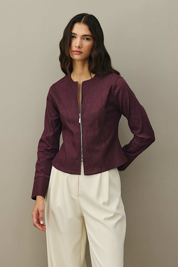 Fermuarlı Denim Üst Bordo - 8