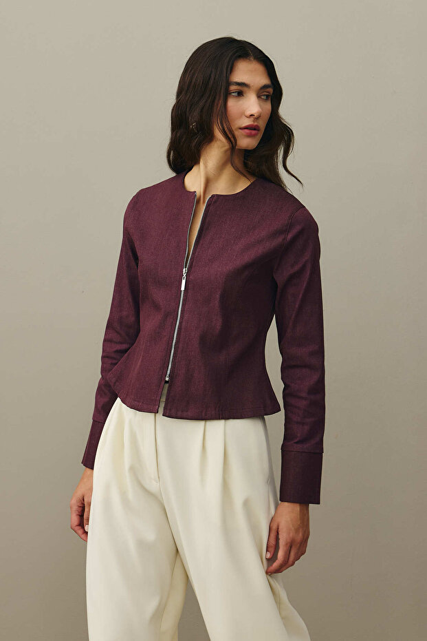 Fermuarlı Denim Üst Bordo - 6