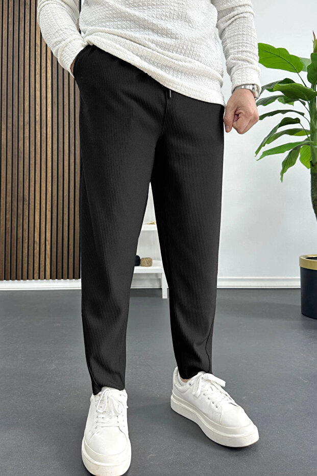 Men's Asymmetrical Cut Tapered Leg Trousers Black Edw437