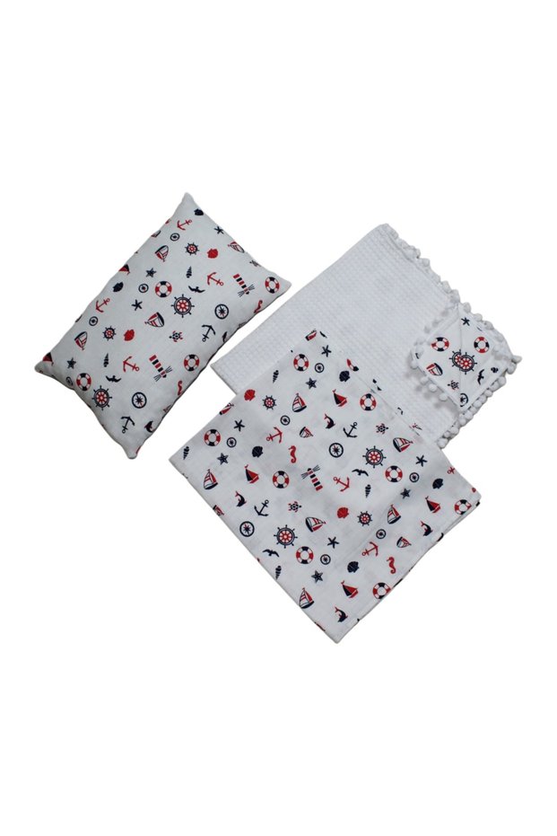 Double-Sided Pique & Muslin Baby Blanket, Pillow and Single-Layer Muslin Set with Marina Pattern