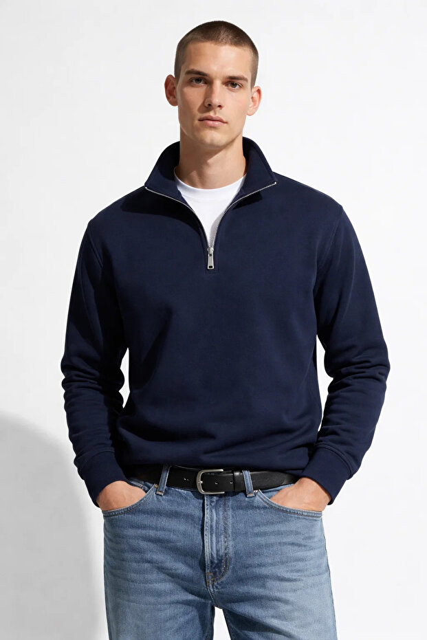 Men's Half Zipper Casual Navy Blue Sweatshirt