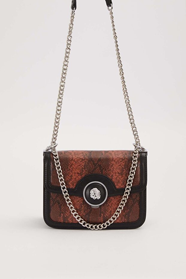 Women's Casual and Stylish Shoulder Bag with Adjustable Chain Strap and Snakeskin Detail Camel