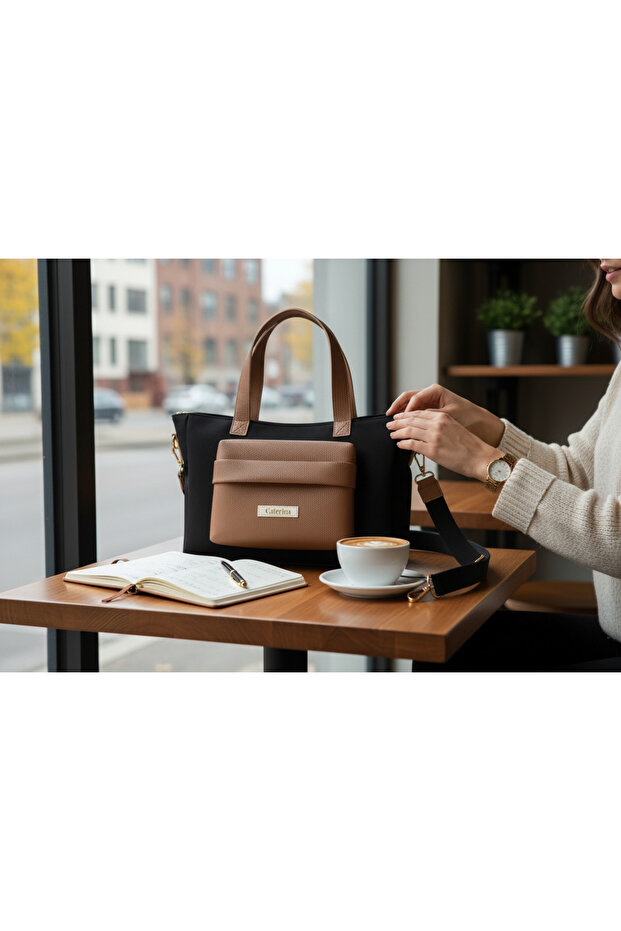Black Hand and Shoulder Bag with Canvas Leather Pocket Detail