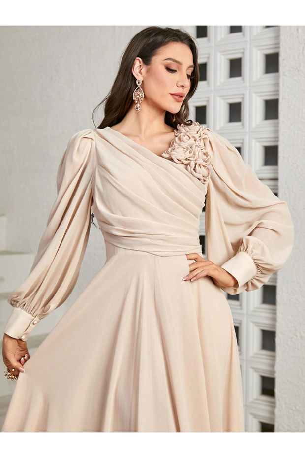 Women Pleated Flower Detail Balloon Sleeve Maxi Dress
