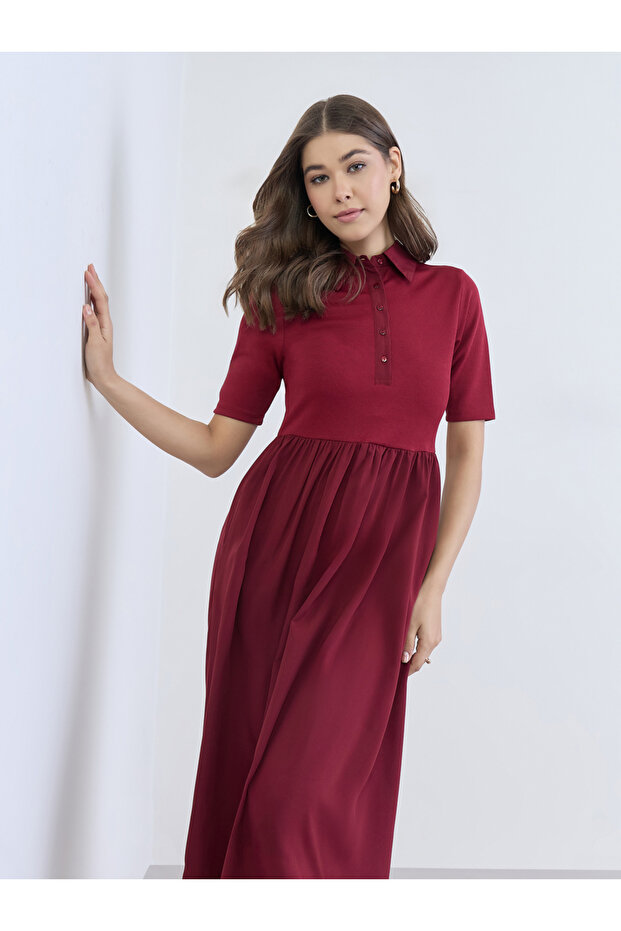 Women Burgundy Buttoned A-Line Midi Dress