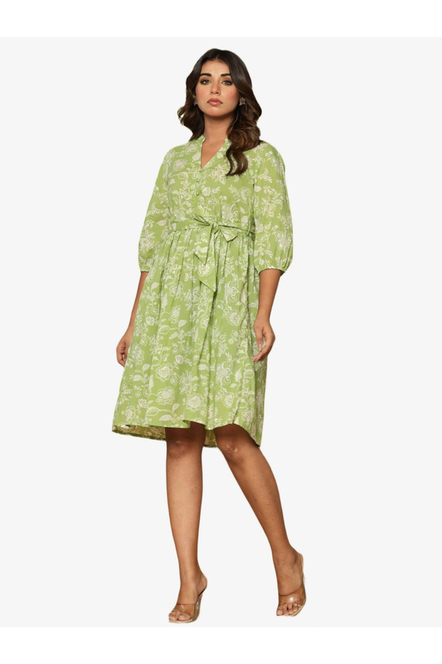 Women Green Cotton Printed Knee-Length Dress