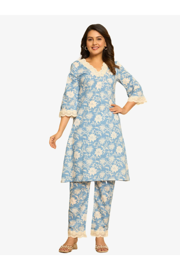 Women Blue Cotton Printed Tunic and Pants Co-Ords