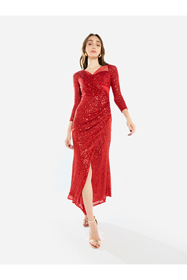 Women Sequin Wrap Slit Maxi Dress