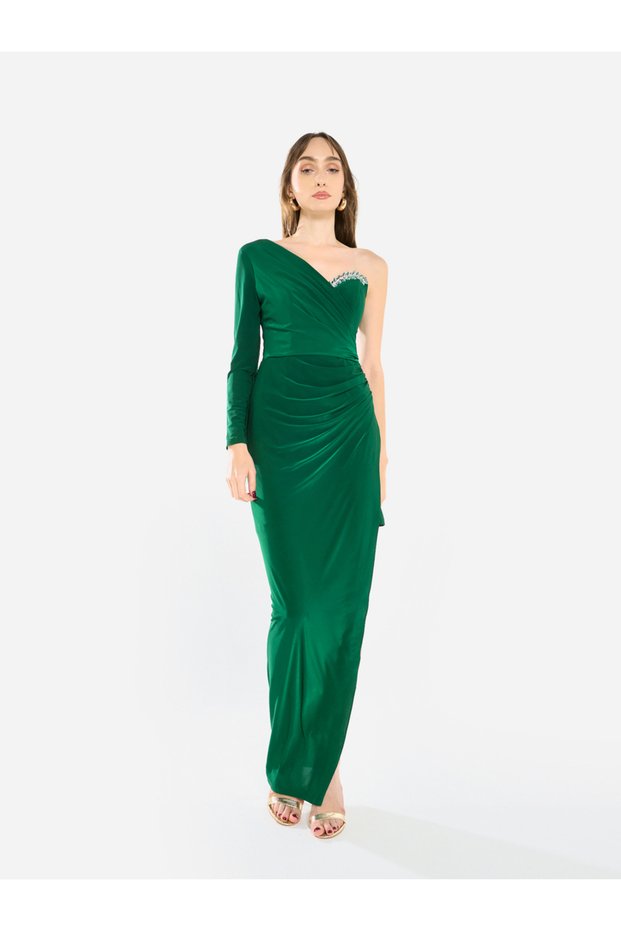 Women Crystal Accent Ruched Gown Maxi Dress