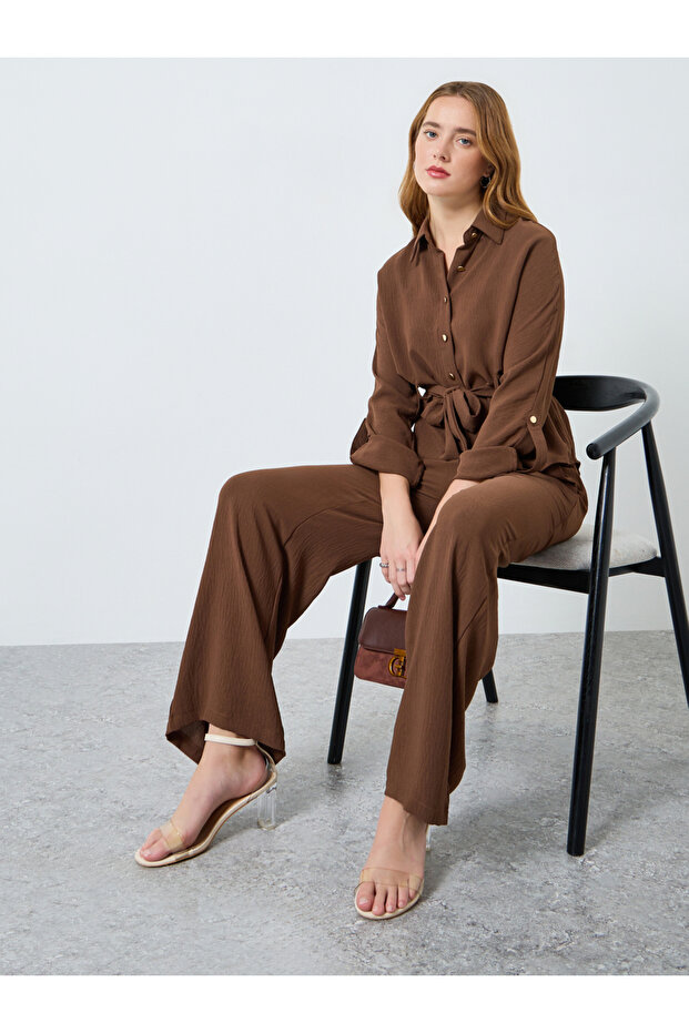 Women Belted Roll-Up Sleeve Shirt and Pants Co-Ords