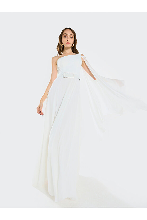 Women One-Shoulder Draped Gown Maxi Dress